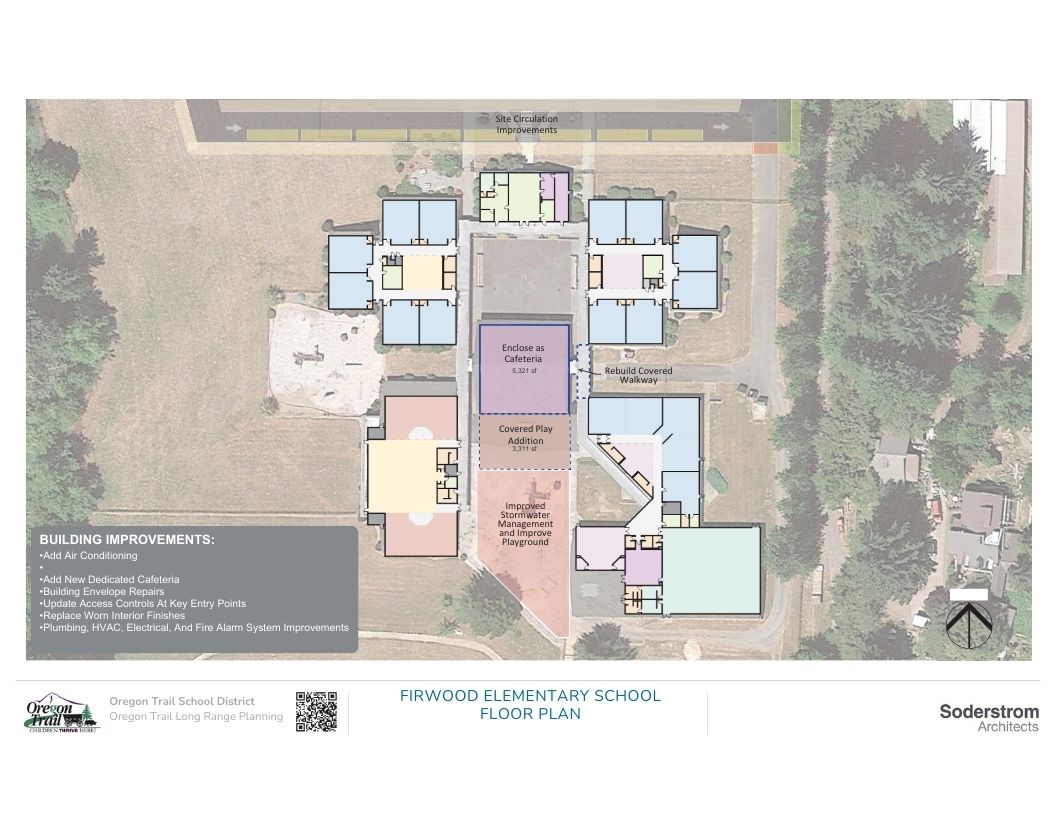 Firwood Elementary floor plan, including improved playground space and a new, dedicated cafeteria.